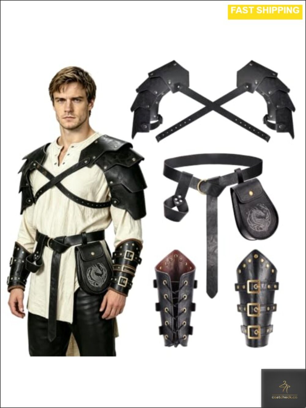 7PC Medieval Armor Set Faux Leather Pauldrons Belt Bracers Pouch Holster Ren